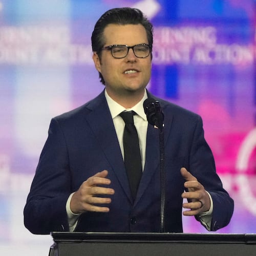 FILE - Former Rep. Matt Gaetz, R- Fla. speaks at AmericaFest, Dec. 22, 2024, in Phoenix. (AP Photo/Rick Scuteri, File)
