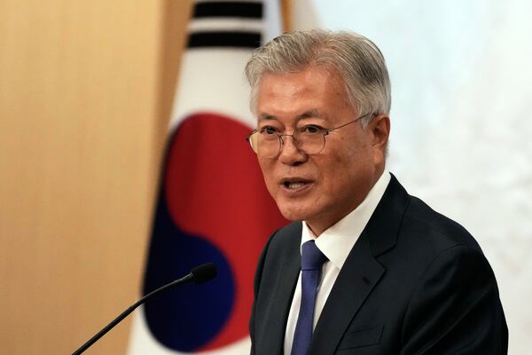 South Korean former President Moon Jae-in speaks during the ceremony for the 7th anniversary of the Panmunjom declaration, at National Assembly in Seoul, South Korea, Friday, April 25, 2025. (AP Photo/Lee Jin-man)