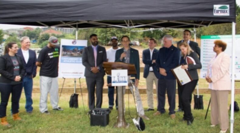 The NFL kicked off Super Bowl LIII environmental program with tree planting at Castleberry Hill and passing of the “Golden Shovel” from Minnesota to Atlanta. CONTRIBUTED