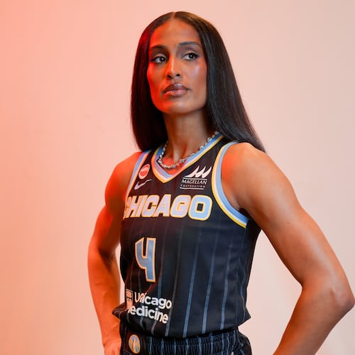 Chicago Sky's Skylar Diggins stands for a portrait during the WNBA basketball team's media day, Thursday, April 30, 2026, in Chicago. (Pat Nabong/Chicago Sun-Times via AP)