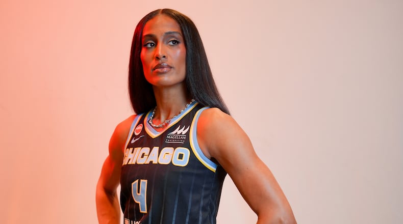 Chicago Sky's Skylar Diggins stands for a portrait during the WNBA basketball team's media day, Thursday, April 30, 2026, in Chicago. (Pat Nabong/Chicago Sun-Times via AP)
