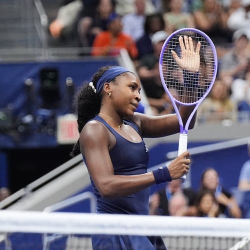 Coco Gauff, of the United States, reacts to the crowd during her match against Zeynep Sonmez, of Turkey, during the first round of the U.S. Open tennis championships Tuesday, Sept. 1, 2026, in New York. (AP Photo/Frank Franklin II)