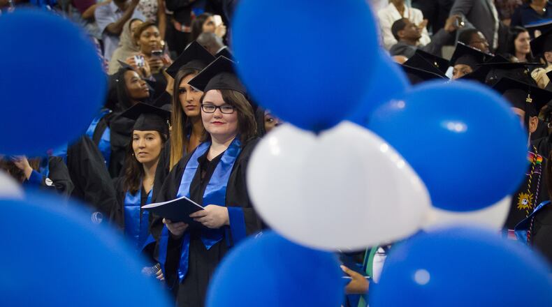 Georgia State University's students watch balloons drop from the ceiling at the end of their graduation ceremony in Atlanta Ga. Tuesday, May 9, 2017. STEVE SCHAEFER / SPECIAL TO THE AJC