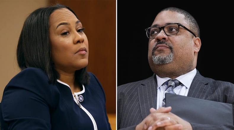 The offices of Fulton County District Attorney Fani Willis and Manhattan District Attorney Alvin Bragg are each nearing decisions on whether to indict former President Donald Trump in separate cases. (Miguel Martinez/miguel.martinezjimenez@ajc.com & Seth Wenig/AP file)