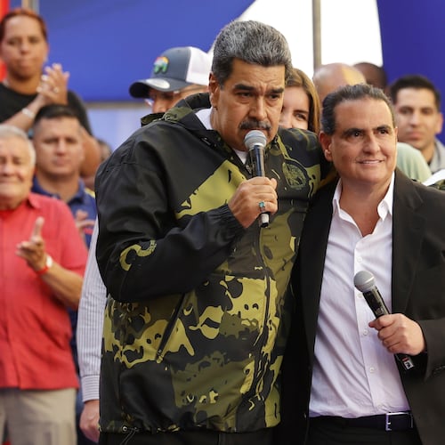 FILE - Venezuela's President Nicolas Maduro, left, and Alex Saab stand together during an event marking the anniversary of the 1958 coup that overthrew dictator Marcos Perez Jimenez, in Caracas, Venezuela, Jan. 23, 2024. (AP Photo/Jesus Vargas, File)