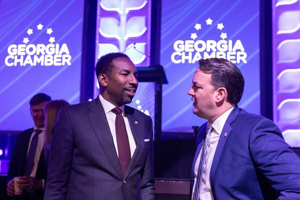 Mayor Andre Dickens and incoming Lt. Gov. Burt Jones attend the Georgia Chamber of Commerce’s annual Eggs and Issues breakfast in Atlanta on Jan. 11, 2023. (Arvin Temkar/The Atlanta Journal-Constitution)