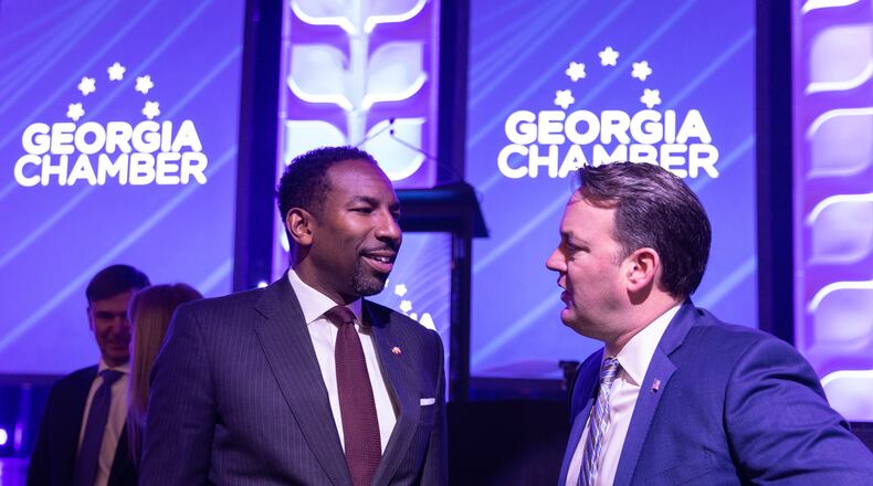 Atlanta Mayor Andre Dickens and Lt. Gov. Burt Jones attend the Georgia Chamber of Commerce’s annual Eggs and Issues breakfast in Atlanta on Wednesday, January 11, 2023. (Arvin Temkar / arvin.temkar@ajc.com)