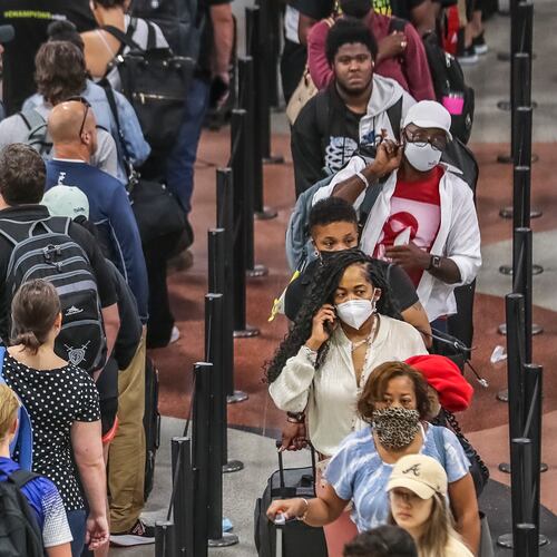 September 1, 2022 Hartsfield-Jackson International Airport: Travelers in the main security line swelled Hartsfield-Jackson International Domestic Airport on Thursday , Sept. 1, 2022 as Labor Day weekend is expected to bring a rush of traffic on the roads and in the skies as the last holiday of this year’s busy and tumultuous summer travel season. Hartsfield-Jackson International Airport expects to handle 1.6 million passengers over the Labor Day travel period from Thursday through Tuesday, Sept. 6. The Atlanta airport said Friday is likely to be the busiest day of the travel period, with more than 300,000 passengers expected. Airport officials advise travelers to be in the airport terminal at least two hours before departure. The airport’s forecast indicates bigger crowds for Labor Day than last year, when travel was stymied by the spread of the delta variant of COVID-19 and the holiday period drew about 1.3 million passengers. Other busier holiday weekends have brought larger crowds this summer, including Memorial Day and the Fourth of July. Atlanta-based Delta Air Lines and other carriers have struggled to keep flights operating on time when weather disruptions threw schedules into disarray, causing flight cancellations and travel disruptions during some of the busiest periods. Delta said it has worked this summer to restore its operational reliability. The hassles of air travel have prompted some to decide to drive instead of fly, according to one survey. About 32% of those surveyed by AAA said they plan to travel for Labor Day weekend, and of those, 82% plan to drive. (John Spink / John.Spink@ajc.com)
