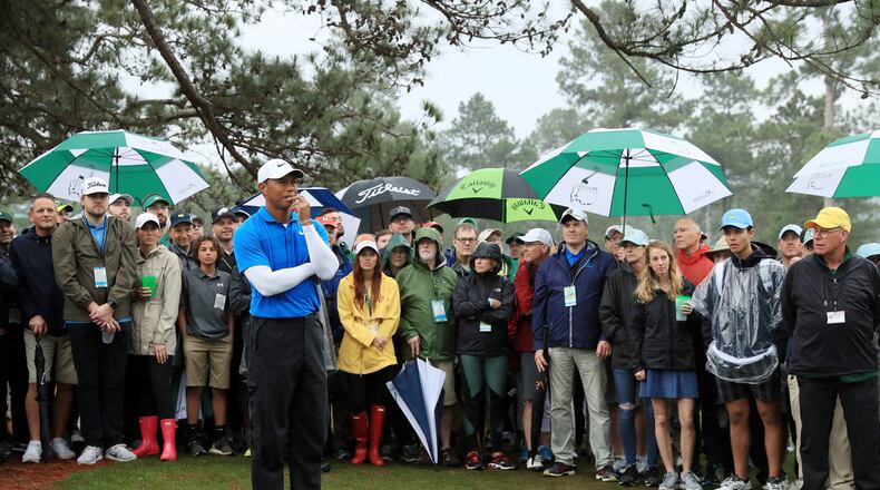 AUGUSTA, GA - APRIL 07: Tiger Woods of the United States prepares to play his second shot on the third hole during the third round of the 2018 Masters Tournament at Augusta National Golf Club on April 7, 2018 in Augusta, Georgia. (Photo by Andrew Redington/Getty Images)