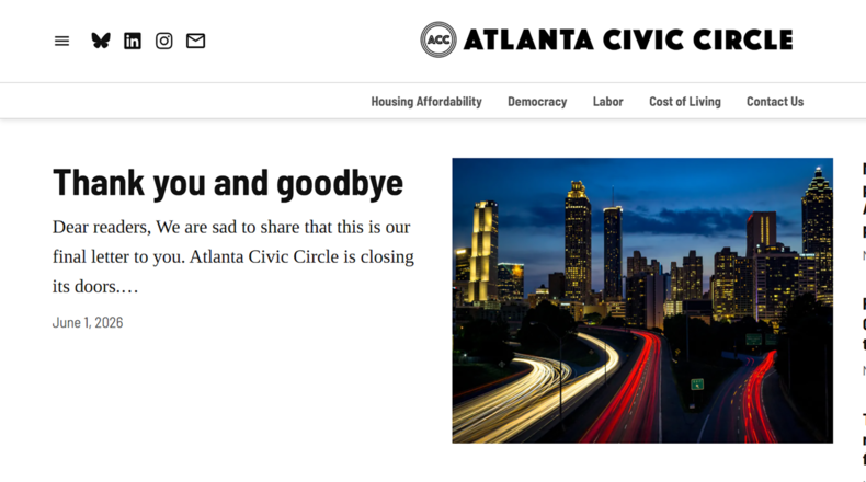 Atlanta Civic Circle announced Monday it was shutting down after six years on its website. (Atlanta Civic Circle screenshot)