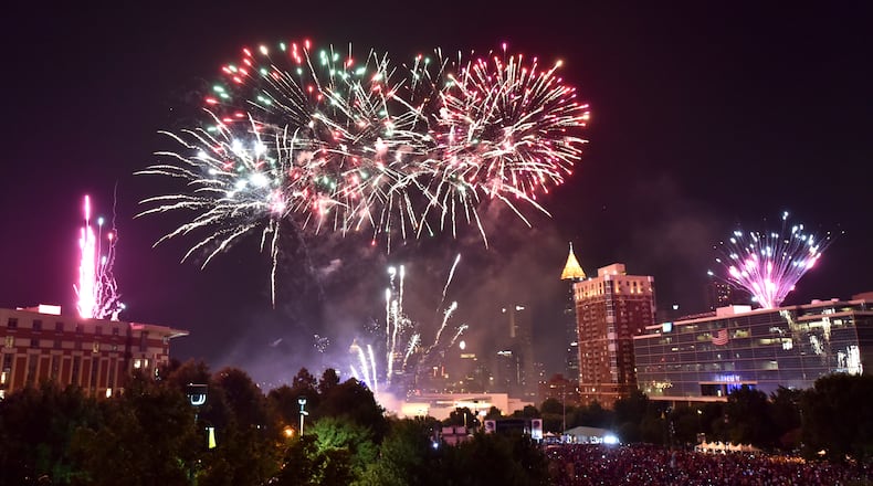 The finale fireworks spectacular light up over the Downtown skyline during Centennial Olympic Park's Fourth of July Celebration on Monday, July 4, 2016. HYOSUB SHIN / HSHIN@AJC.COM