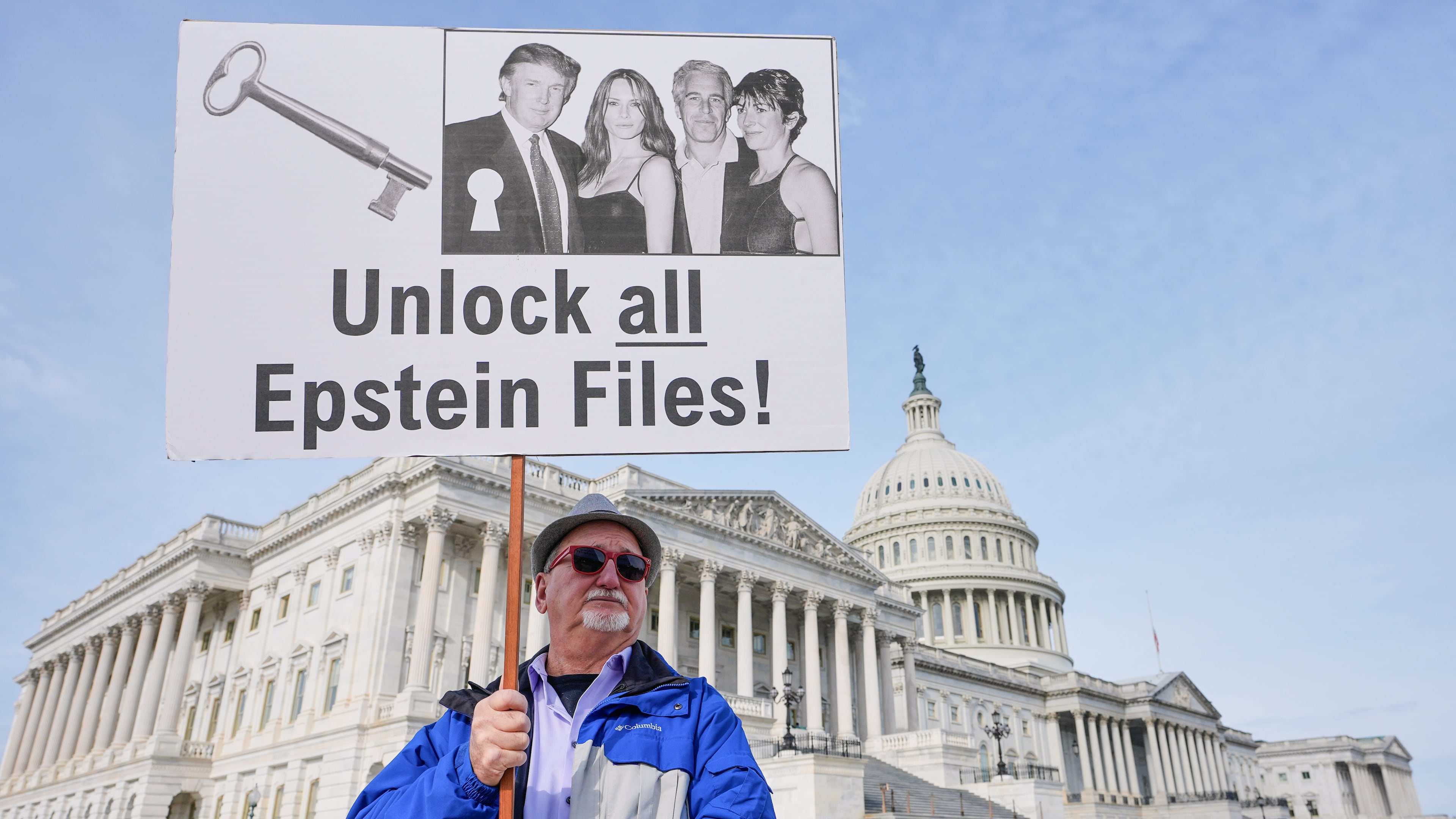 Gary Rush of College Park, Maryland, protests before a news conference on the Epstein files in front of the Capitol in November. (Mariam Zuhaib/AP)