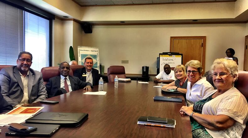 Mayors, DeKalb County commissioners and DeKalb CEO Mike Thurmond agreed Wednesday on a special purpose local option sales tax (SPLOST), which would raise sales taxes from 7 percent to 8 percent. Voters will decide on the tax hike in November. From left: Stonecrest Mayor Jason Lary, Thurmond, Tucker Mayor Frank Auman, Commissioner Larry Johnson, Decatur Mayor Patti Garrett, Commissioner Kathie Gannon and Stone Mountain Mayor Patricia Wheeler. Dunwoody Mayor Denis Shortal was also present but not pictured. MARK NIESSE / MARK.NIESSE@AJC.COM
