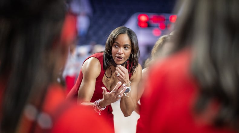 Georgia head coach Joni Taylor during a game against Missouri at Stegeman Coliseum in Athens, Ga., on Thursday, Feb. 17, 2022. (Photo by Mackenzie Miles)