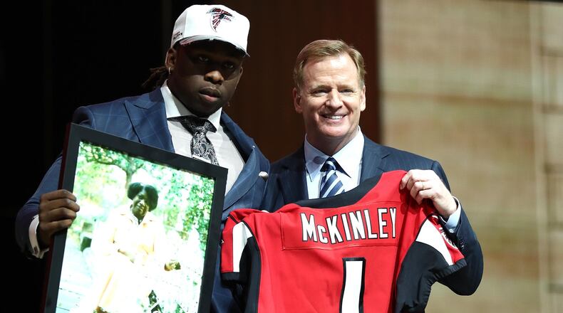 Takkarist McKinley of UCLA poses with NFL commissioner Roger Goodell after being picked #26 overall by the Falcons during the first round of the 2017 NFL Draft at the Philadelphia Museum of Art on April 27.