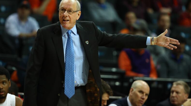 NEW YORK, NY - MARCH 08: Head coach Jim Boeheim of the Syracuse Orange in action againt the Miami (Fl) Hurricanes during the second round of the ACC Basketball Tournament at the Barclays Center on March 8, 2017 in New York City. (Photo by Al Bello/Getty Images)