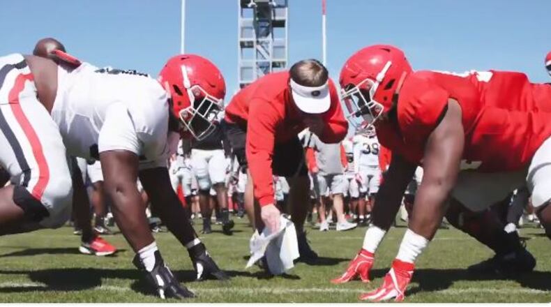 Georgia football players go nose to nose during a recent practice in Athens. (Courtesy of UGA football twitter)