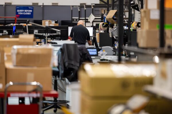 A worker is seen at Delta TechOps base logistics in Atlanta on Monday, October 20, 2025. (Arvin Temkar/AJC)