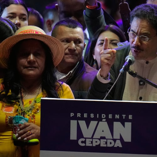 Sen. Ivan Cepeda, presidential candidate of the ruling Historic Pact coalition, speaks to supporters during a campaign rally in Bogota, Colombia, Friday, May 22, 2026. (AP Photo/Fernando Vergara)