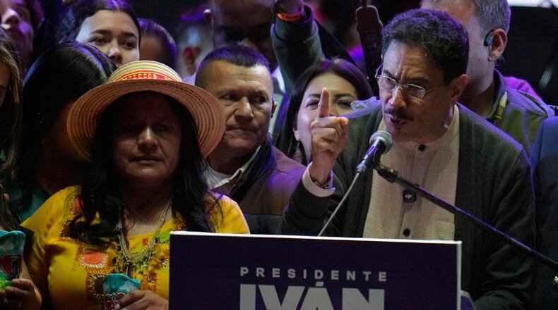 Sen. Ivan Cepeda, presidential candidate of the ruling Historic Pact coalition, speaks to supporters during a campaign rally in Bogota, Colombia, Friday, May 22, 2026. (AP Photo/Fernando Vergara)