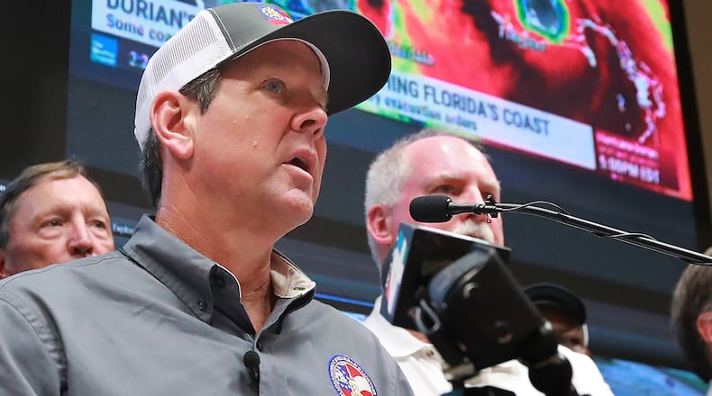 September 2, 2019 Brunswick: Georgia Governor Brian Kemp holds a Hurricane Dorian briefing at the Glynn County Public Safety Complex after ordering 6 counties to evacuate on Monday, Sept. 2, 2019, in Brunswick. Curtis Compton/ccompton@ajc.com
