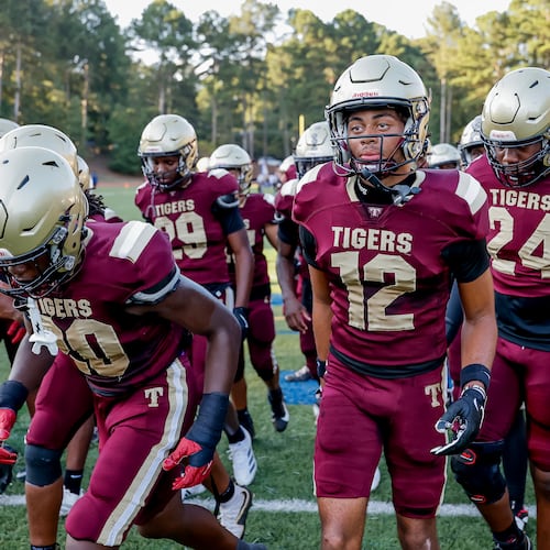 Tucker players leave the field after warmups before the game against Stephenson on Friday, Sept. 4, 2026, at Hallford Stadium in Clarkston. Tucker beat Class 4A No. 4 Stephenson 21-14. (Erik S. Lesser for the AJC)