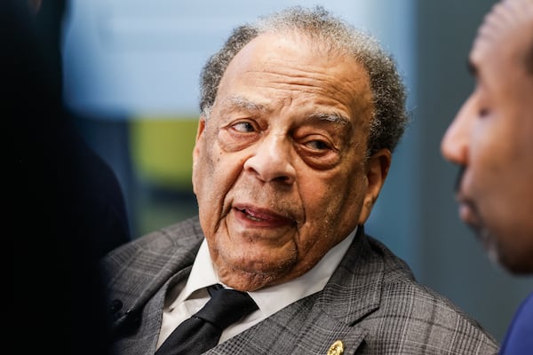 Andrew Young, former Atlanta mayor and U.N. ambassador, and close advisor to Martin Luther King Jr., shares the legacy of the Rev. Jesse Jackson before a fireside chat at The Gathering Spot last month. (Abbey Cutrer/AJC)