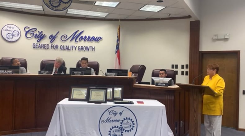 Morrow Councilwoman Dorothy Dean criticizes a fellow councilmember for petitioning for multilingual ballots at a recent meeting.