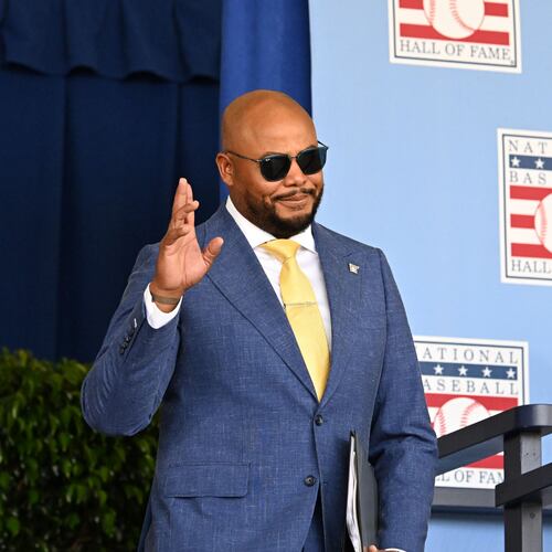 Andruw Jones is introduced during the 2026 National Baseball Hall of Fame Induction Ceremony at the Clark Sports Center on Sunday, July 26, 2026, in Cooperstown, N.Y. Braves centerfielder Andruw Jones is set for induction into the National Baseball Hall of Fame as part of the Class of 2026, alongside Carlos Beltrán and Jeff Kent. (Hyosub Shin/AJC)