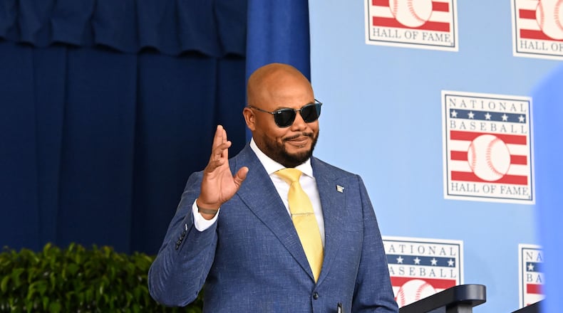 Andruw Jones is introduced during the 2026 National Baseball Hall of Fame induction ceremony Sunday, July 26, 2026, in Cooperstown, N.Y. (Hyosub Shin/AJC)