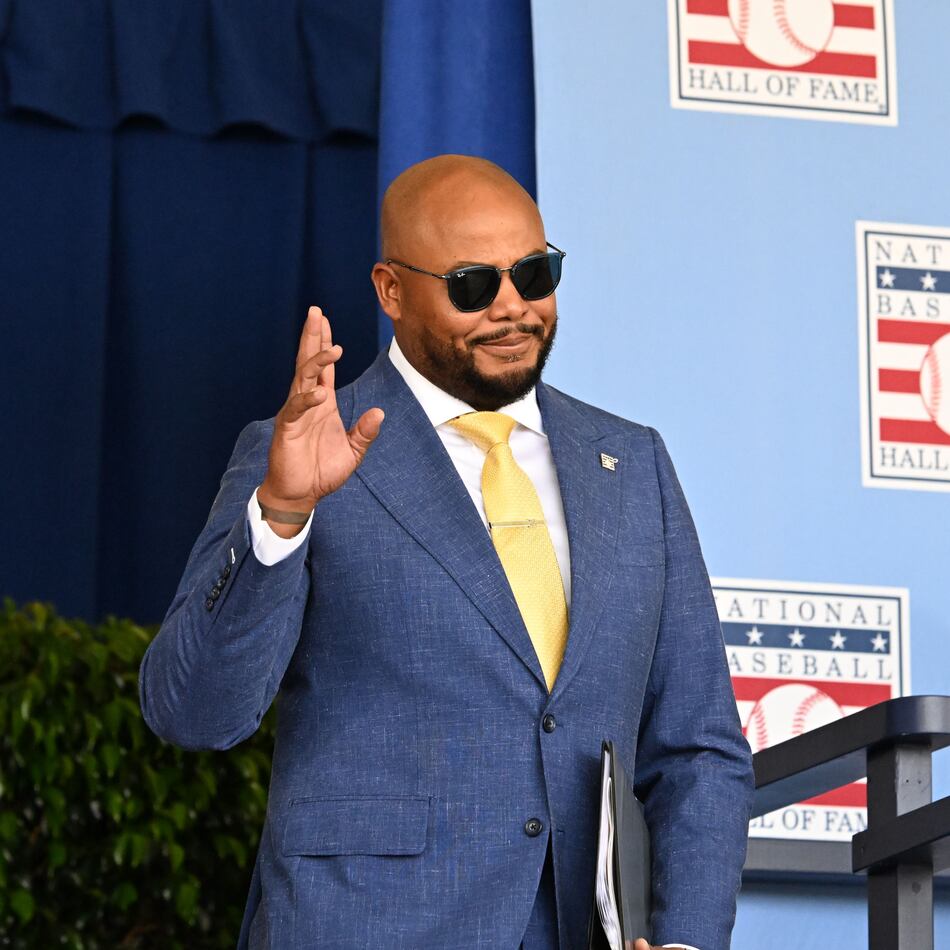 Andruw Jones is introduced during the 2026 National Baseball Hall of Fame Induction Ceremony at the Clark Sports Center on Sunday, July 26, 2026, in Cooperstown, N.Y. Braves centerfielder Andruw Jones is set for induction into the National Baseball Hall of Fame as part of the Class of 2026, alongside Carlos Beltrán and Jeff Kent. (Hyosub Shin/AJC)