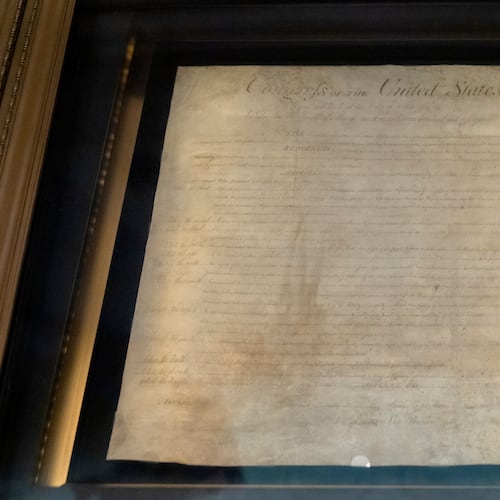 FILE - The Bill of Rights is displayed at the National Archives on Sept. 16, 2025, in Washington. (AP Photo/Mark Schiefelbein, File)