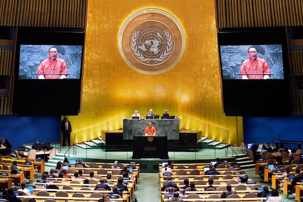 FILE - Bhutan Prime Minister Tshering Tobgay addresses the 79th session of the United Nations General Assembly, Sept. 27, 2024. (AP Photo/Richard Drew, File)