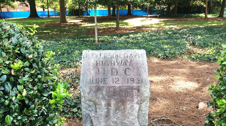 A marker for the Jefferson Davis Highway, seen here in 2017, used to stand at the corner of East College Avenue and South McDonough Street at the edge of the Agnes Scott campus. The marker was removed earlier this year. (Photo: Pete Corson)