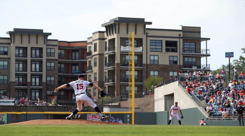 Gwinnett Braves starting pitcher Sean Newcomb (15) delivers a pitch to a Toledo Mud Hens batter during their game at Coolray Field Thursday, May 11, 2017, in Lawrenceville, Ga. PHOTO / JASON GETZ