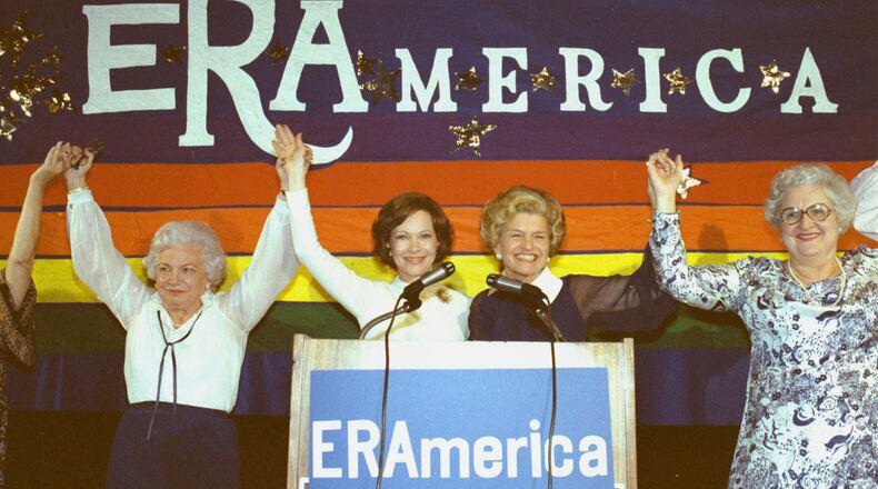 Rosalynn Carter was a strong proponent of the Equal Rights Amendment. Also at the podium is former First Lady Betty Ford, at the NationalWomen’s Conference in support of the ERA on November 19, 1977. (Jimmy Carter Library)