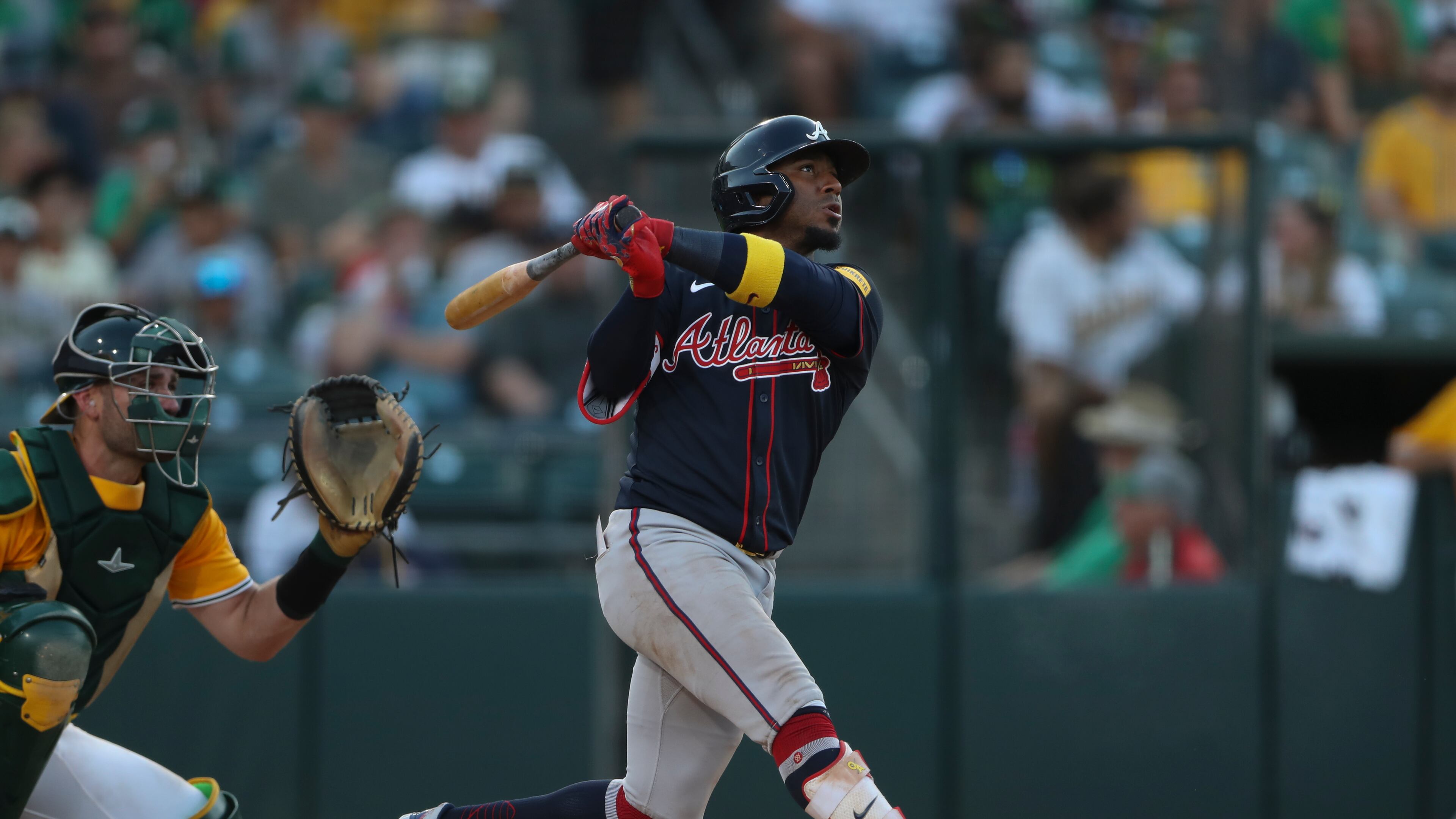 Atlanta Braves' Ozzie Albies hits a solo home run against the Athletics during the seventh inning of a baseball game Thursday, July 10, 2025, in West Sacramento, Calif. (AP Photo/Scott Marshall)