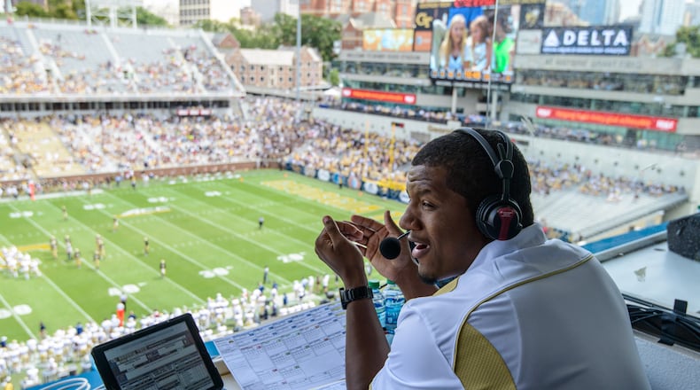 Former Georgia Tech star Roddy Jones, pictured here in 2014 as the Yellow Jackets' radio analyst, will be working for ESPN as a sideline reporter in 2017.