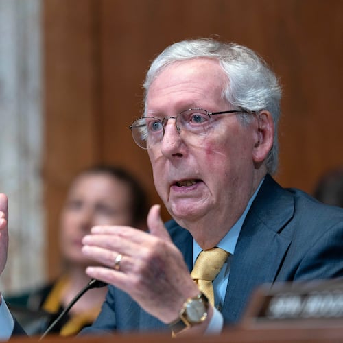 FILE - Sen. Mitch McConnell, R-Ky., speaks during a Senate Committee on Appropriations subcommittee hearing on Capitol Hill in Washington, May 20, 2025. (AP Photo/Jose Luis Magana, File)
