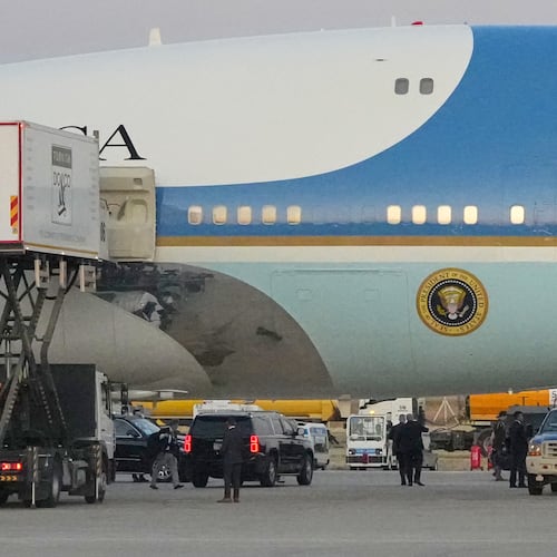 A catering truck is parked at Air Force One on the tarmac as the motorcade carrying U.S. President Donald Trump arrives to depart following the NATO summit at Ankara International Airport in Ankara, Turkey, Wednesday, July 8, 2026. (AP Photo/Alex Brandon)