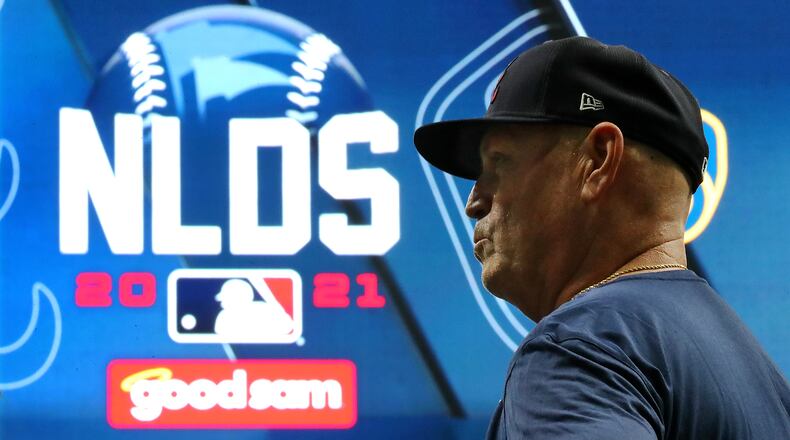 Atlanta Braves manager Brian Snitker watches over practice at American Family Field preparing for the opening game of the National League Division Series against the Milwaukee Brewers on Thursday, Oct. 7, 2021, in Milwaukee. Curtis Compton / Curtis.Compton@ajc.com