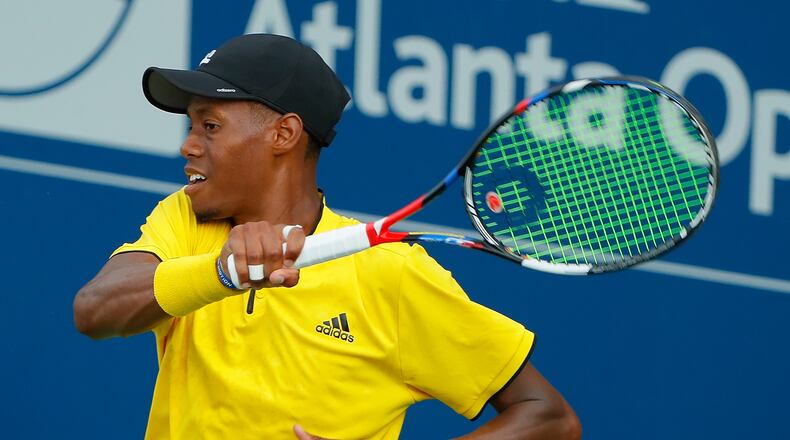 ATLANTA, GA - JULY 25: Christopher Eubanks returns a forehand to Taylor Fritz during the BB&T Atlanta Open at Atlantic Station on July 25, 2017 in Atlanta, Georgia. (Photo by Kevin C. Cox/Getty Images)