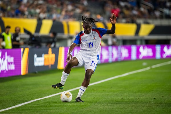 Haiti's Leverton Pierre controls the ball during a CONCACAF Gold Cup soccer match against the United States, Sunday, June 22, 2025, in Arlington, Texas. (AP Photo/Jessica Tobias)