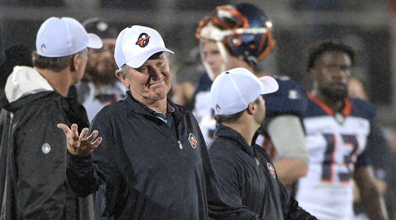 Orlando Apollos coach Steve Spurrier reacts after a play during the second half of the team's Alliance of American Football game against the Atlanta Legends on Saturday, Feb. 9, 2019, in Orlando, Fla. (AP Photo/Phelan M. Ebenhack)