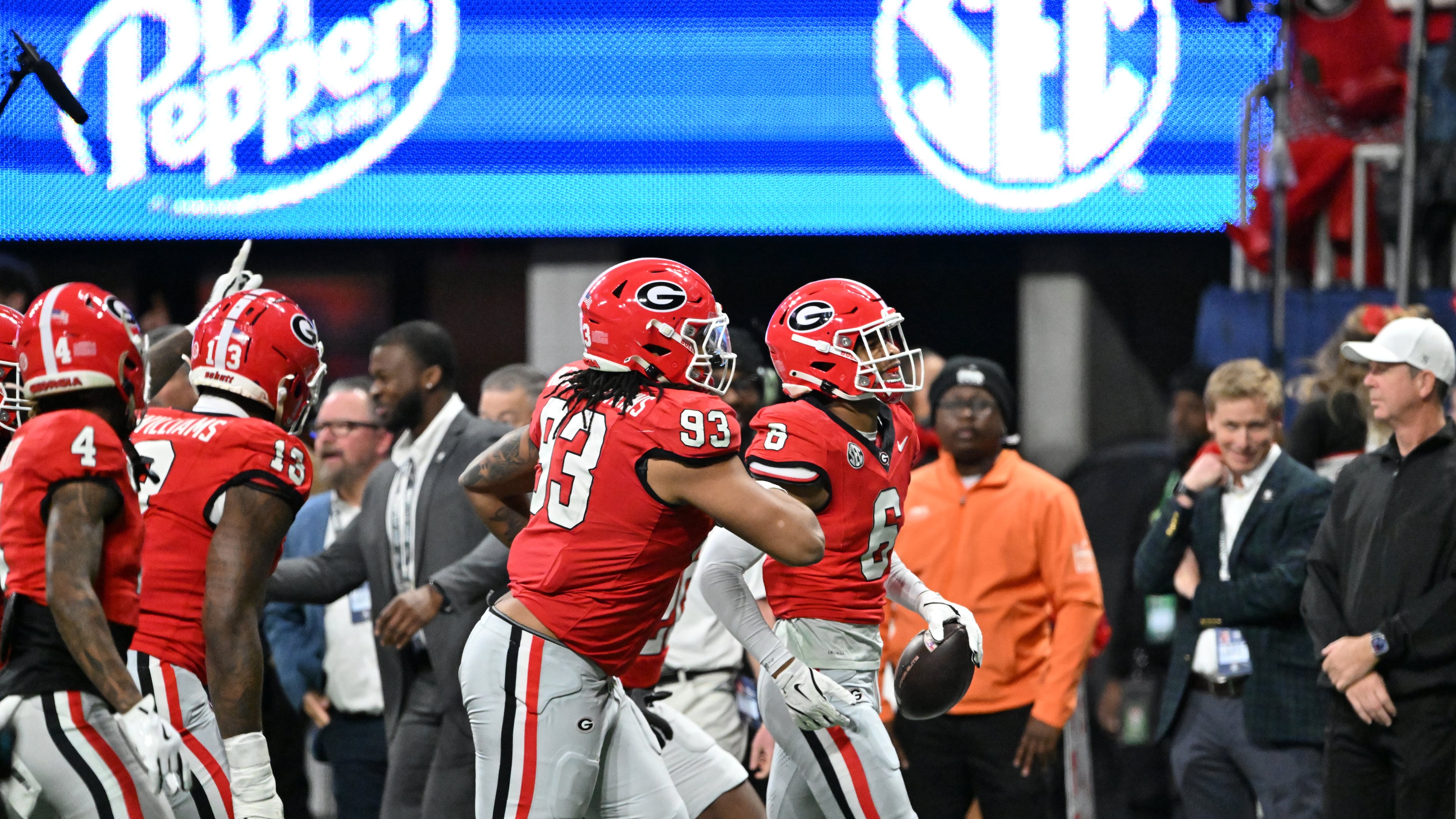 Georgia defensive back Daylen Everette (6) reacts after intercepting a pass during the fourth quarter in the SEC Championship football game at the Mercedes-Benz Stadium, Saturday, December 7, 2024, in Atlanta. Georgia won 22-19 over Texas in overtime. (Hyosub Shin / AJC)