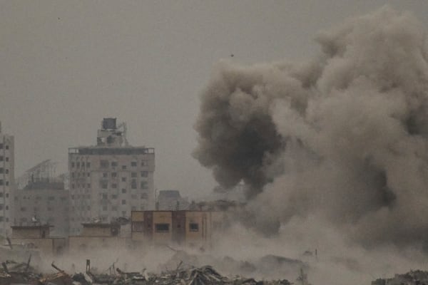 Smoke rises to the sky following an Israeli bombardment in the Gaza Strip as seen from southern Israel, Monday, April 7, 2025. (AP Photo/Leo Correa)