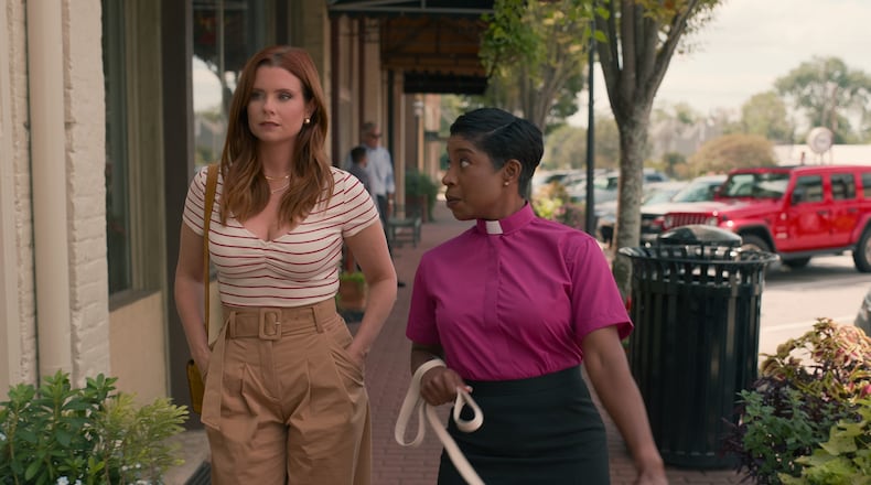 Sweet Magnolias. (L to R) JoAnna Garcia Swisher as Maddie, Tracey Bonner as Pastor June Wilkes in episode 308 of Sweet Magnolias. Cr. Courtesy of Netflix © 2023