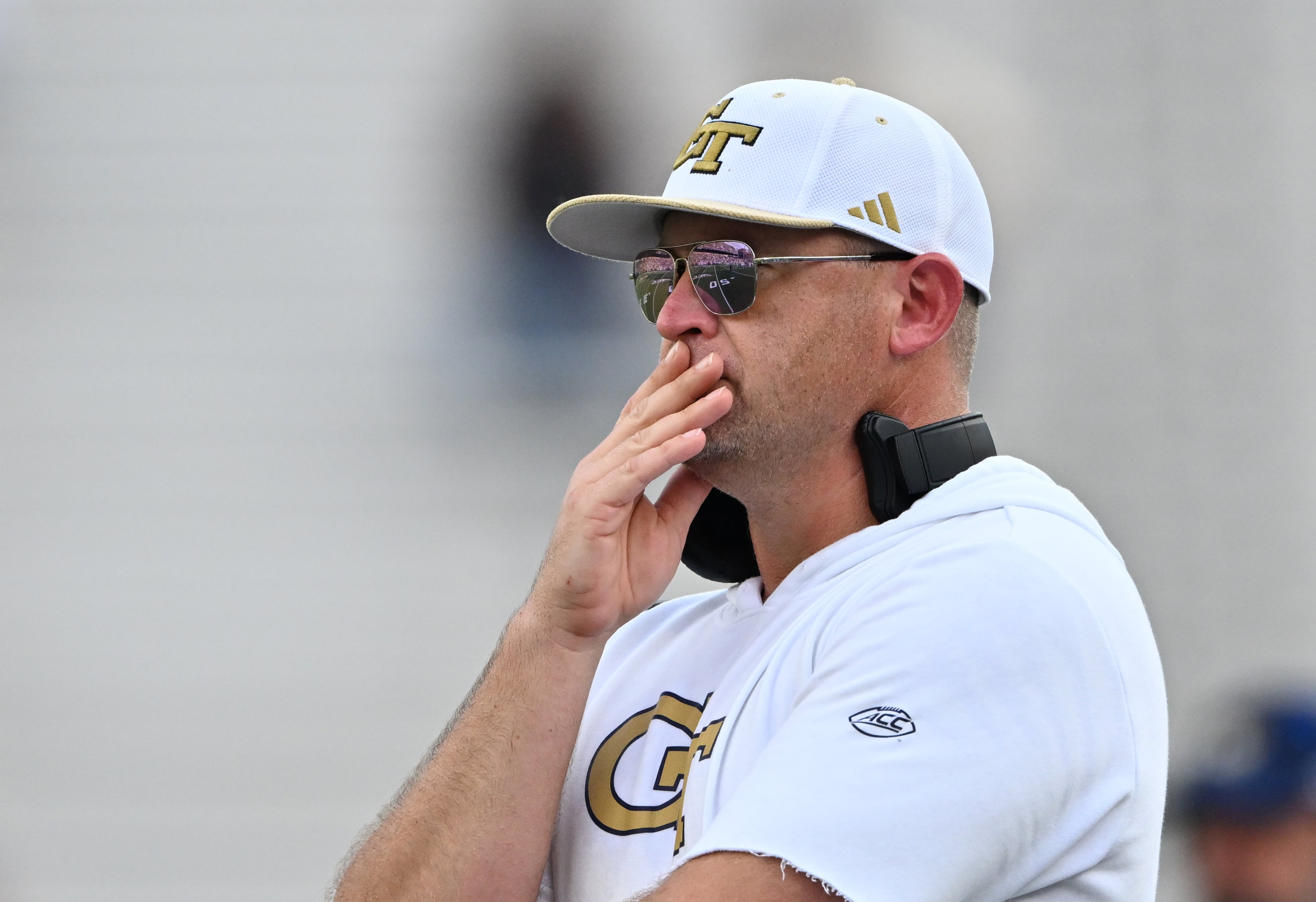 Georgia Tech head coach Brent Key watches from the sideline during the first half of an NCAA college football game at Georgia Tech's Bobby Dodd Stadium, Saturday, Sept. 20, 2025 in Atlanta. (Hyosub Shin/AJC)