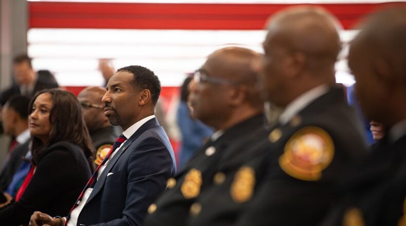 Atlanta Mayor Andre Dickens joins Fire Chief Rod Smith and southwest Atlanta community leaders as they celebrate the opening of a new fire station at Princeton Lakes on Feb. 9, 2024.