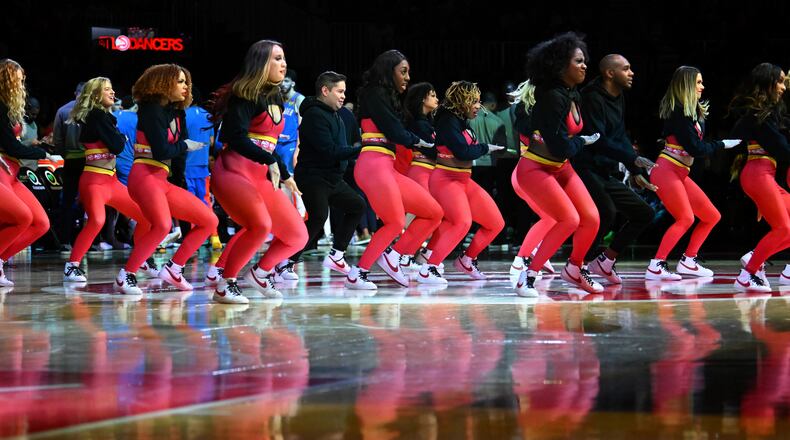 ATL Dancers performs during the second half in an NBA basketball game at State Farm Arena, Wednesday, December 3, 2024, in Atlanta. Atlanta Hawks won 141-138 over Oklahoma City Thunder. (Hyosub Shin / Hyosub.Shin@ajc.com)